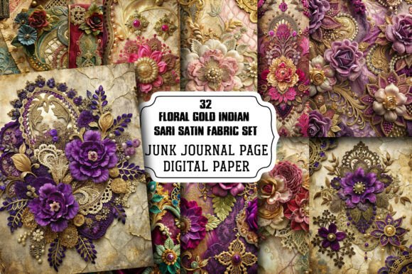 Download Floral Gold Indian Sari Satin Fabric Set - India Collection
